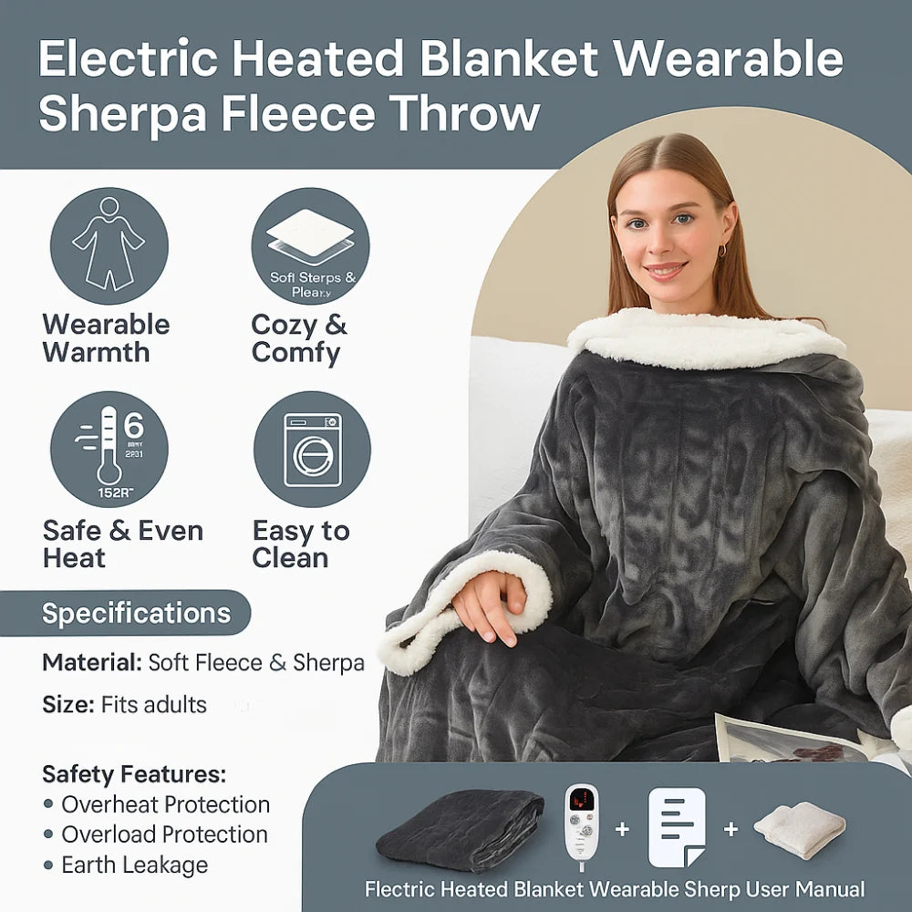 Wearable Heated Blanket Sherpa Fleece Sleeves & Foot Pockets