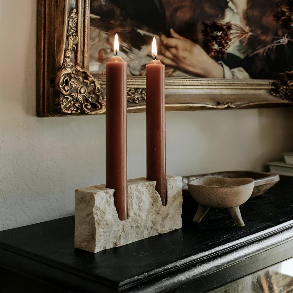 Weighted Natural Travertine Dual Taper Candle Stand