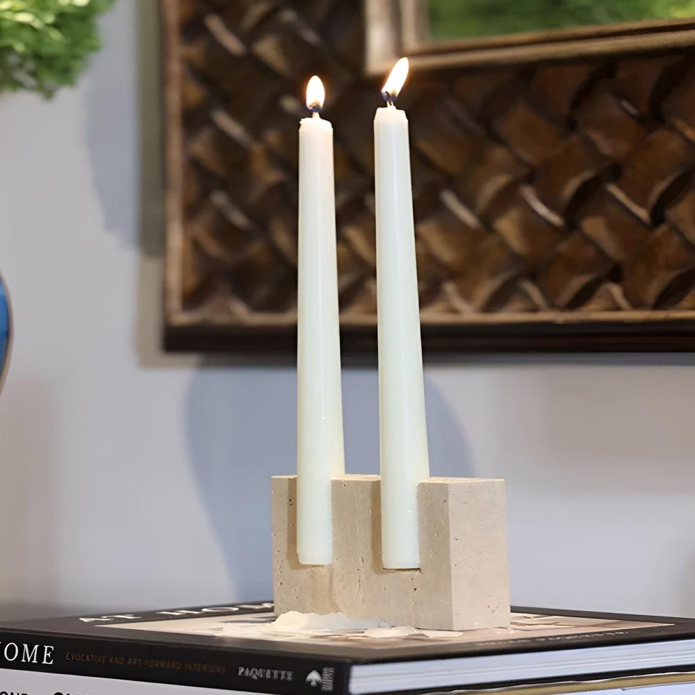 Weighted Natural Travertine Dual Taper Candle Stand