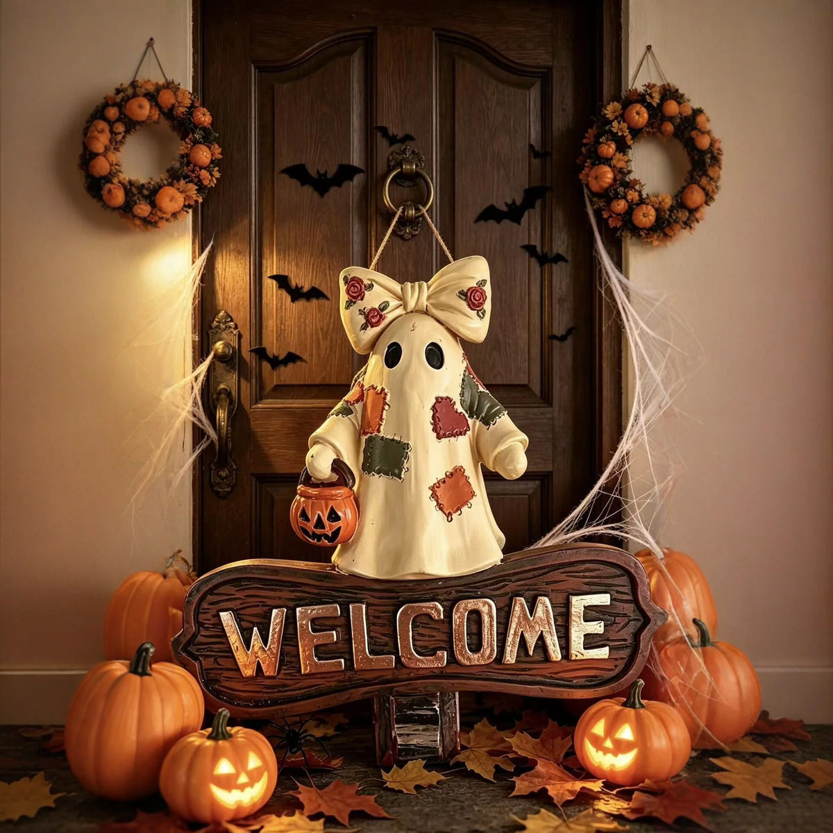 Welcome Sign Ghost Motif Weatherproof Integrated Bell