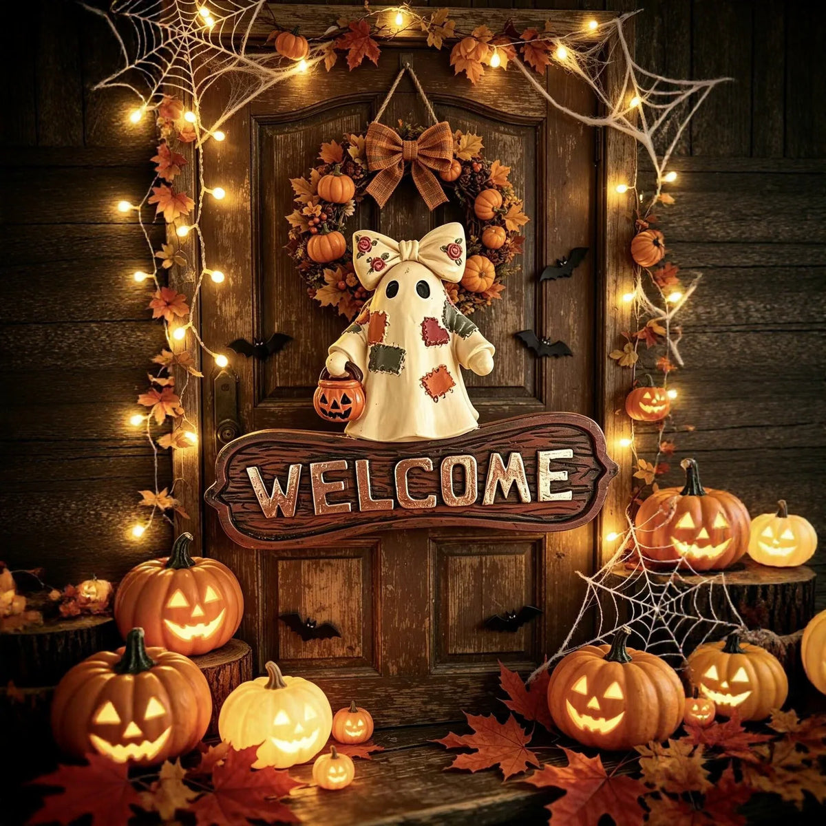 Welcome Sign Ghost Motif Weatherproof Integrated Bell