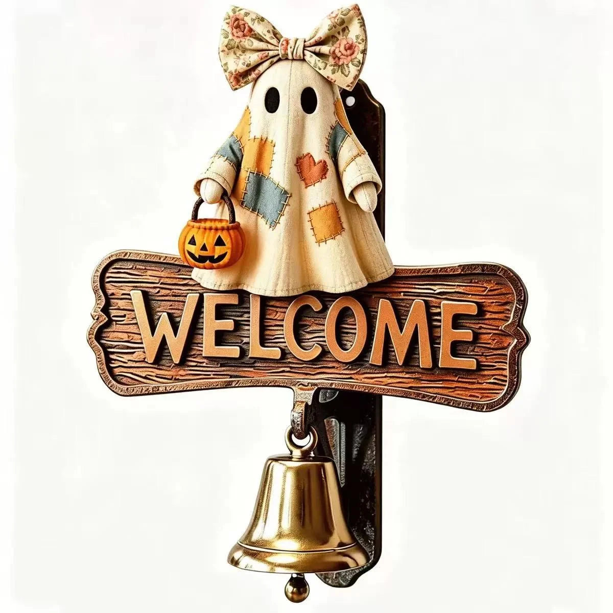 Welcome Sign Ghost Motif Weatherproof Integrated Bell
