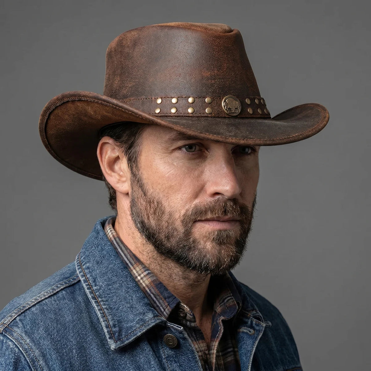 Western Hat Genuine Leather Shapeable Brim & Adjustable Chin Strap