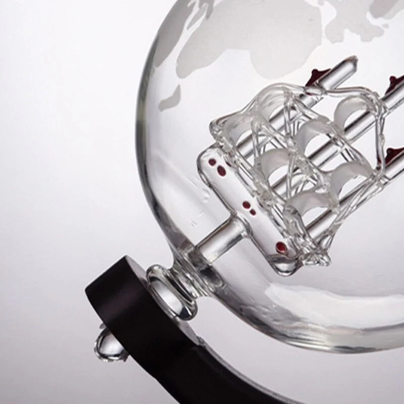 Whiskey Decanter Globe Design Mouth-Blown Glass Gold Map
