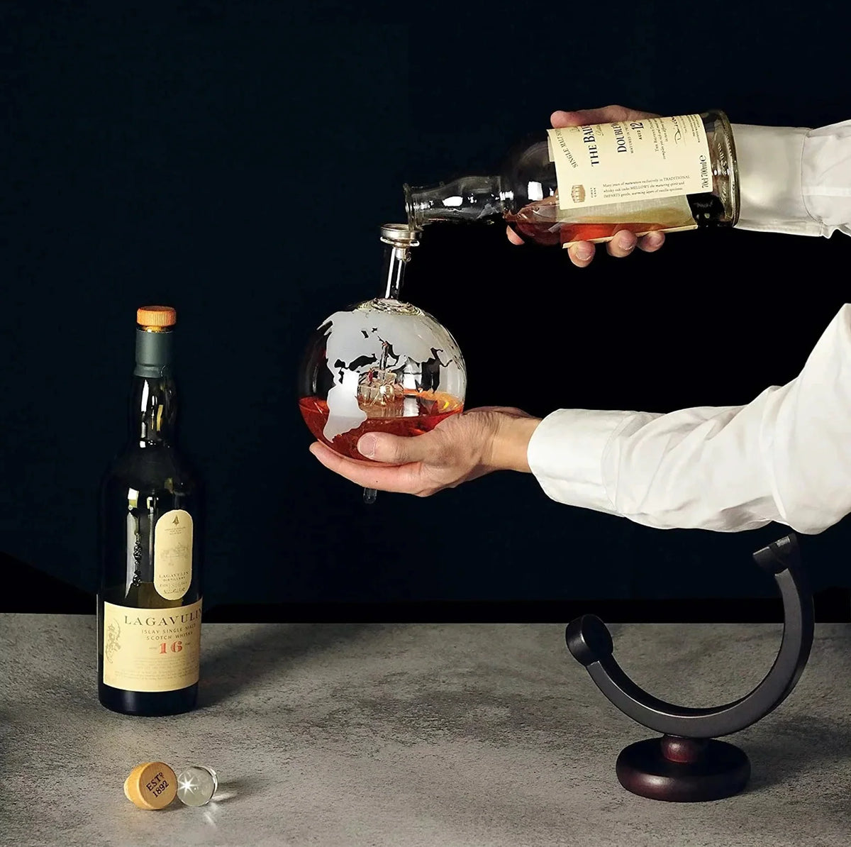 Whiskey Decanter Globe Design Mouth-Blown Glass Gold Map