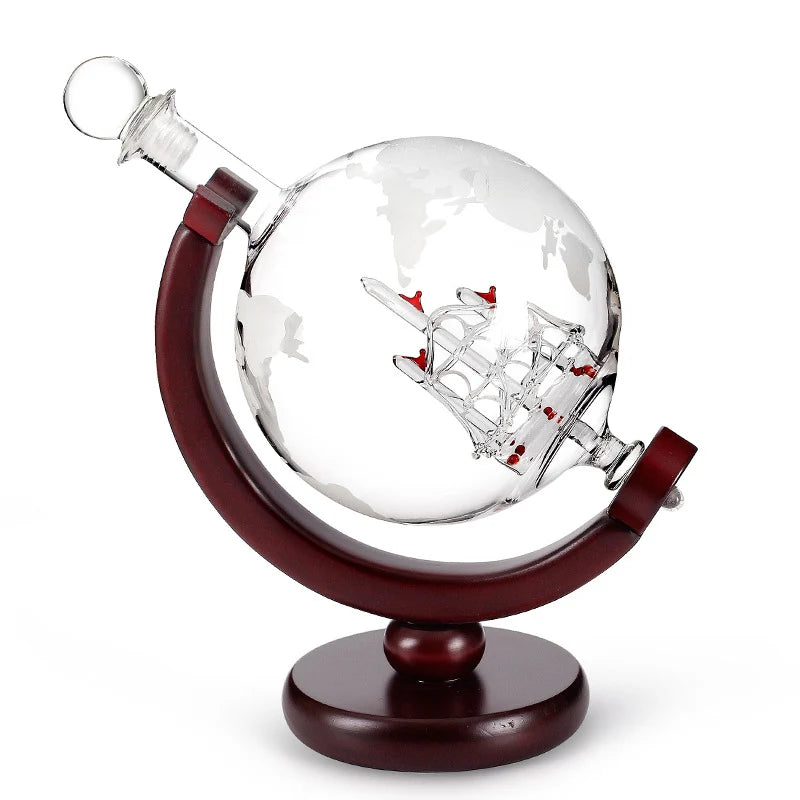 Whiskey Decanter Globe Design Mouth-Blown Glass Gold Map