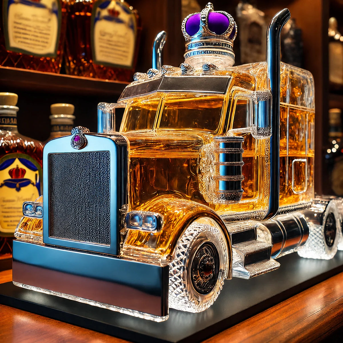 Whiskey Decanter Set Truck-Shaped Crystal & Silver Accents