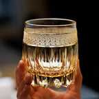 Whiskey Glass Hand-Cut Amber Star Pattern Wooden Box