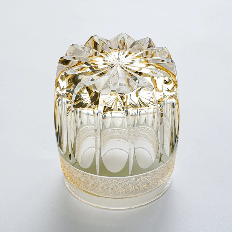 Whiskey Glass Hand-Cut Amber Star Pattern Wooden Box