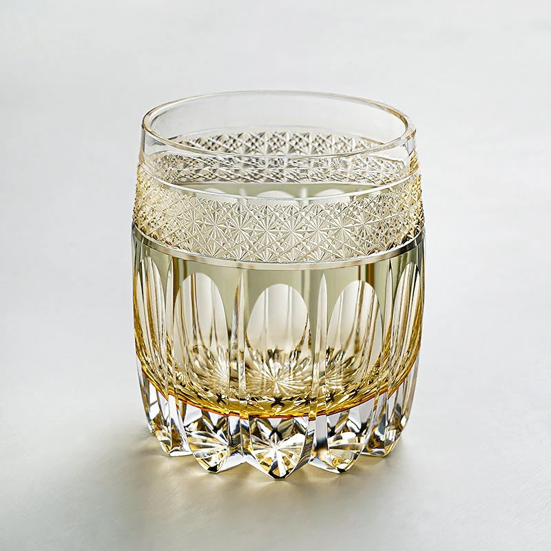 Whiskey Glass Hand-Cut Amber Star Pattern Wooden Box