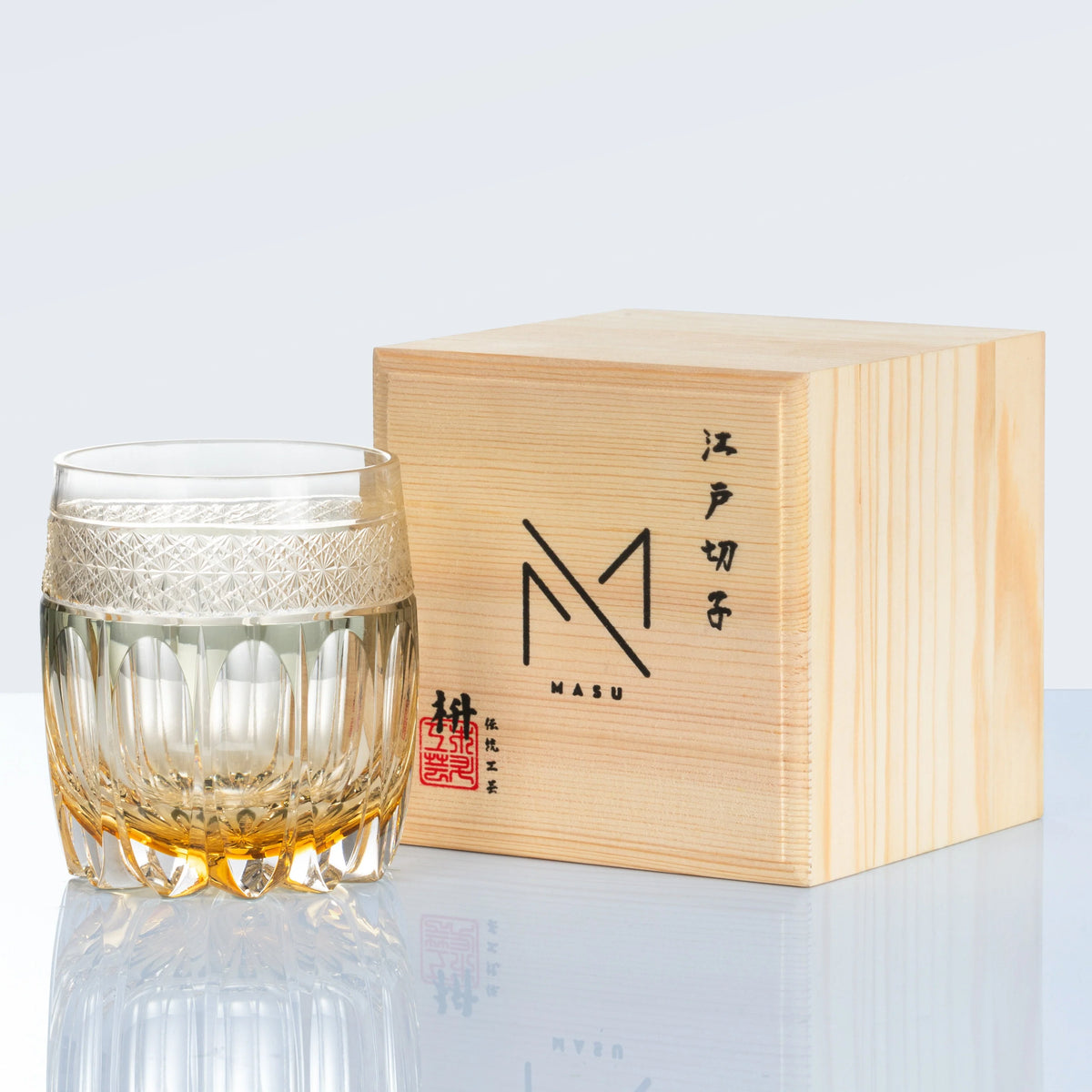 Whiskey Glass Hand-Cut Amber Star Pattern Wooden Box