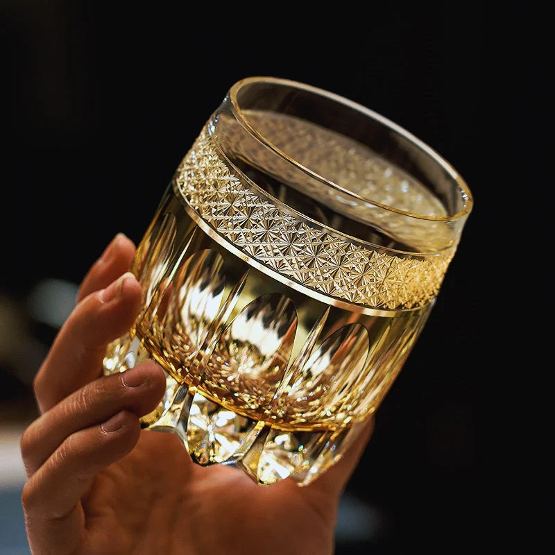 Whiskey Glass Hand-Cut Amber Star Pattern Wooden Box