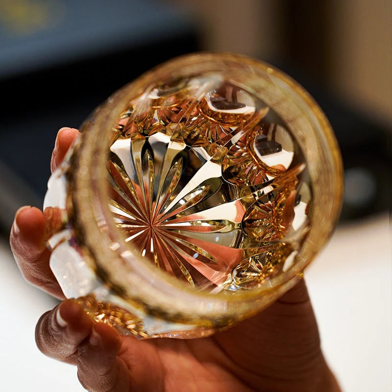 Whiskey Glass Hand-Cut Amber Star Pattern Wooden Box