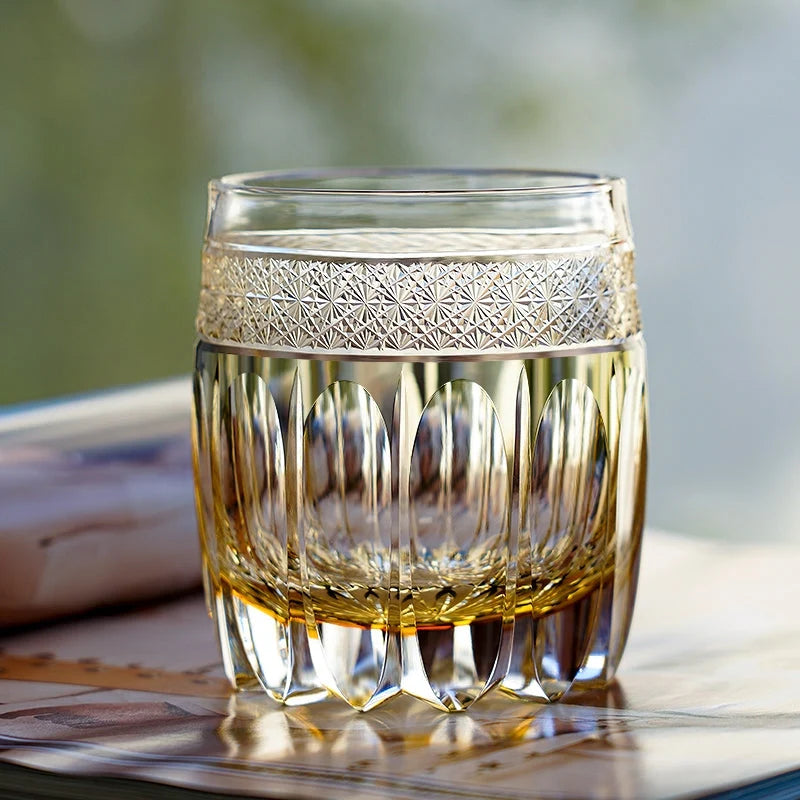 Whiskey Glass Hand-Cut Amber Star Pattern Wooden Box