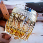 Whiskey Glass Hand-Cut Amber Star Pattern Wooden Box