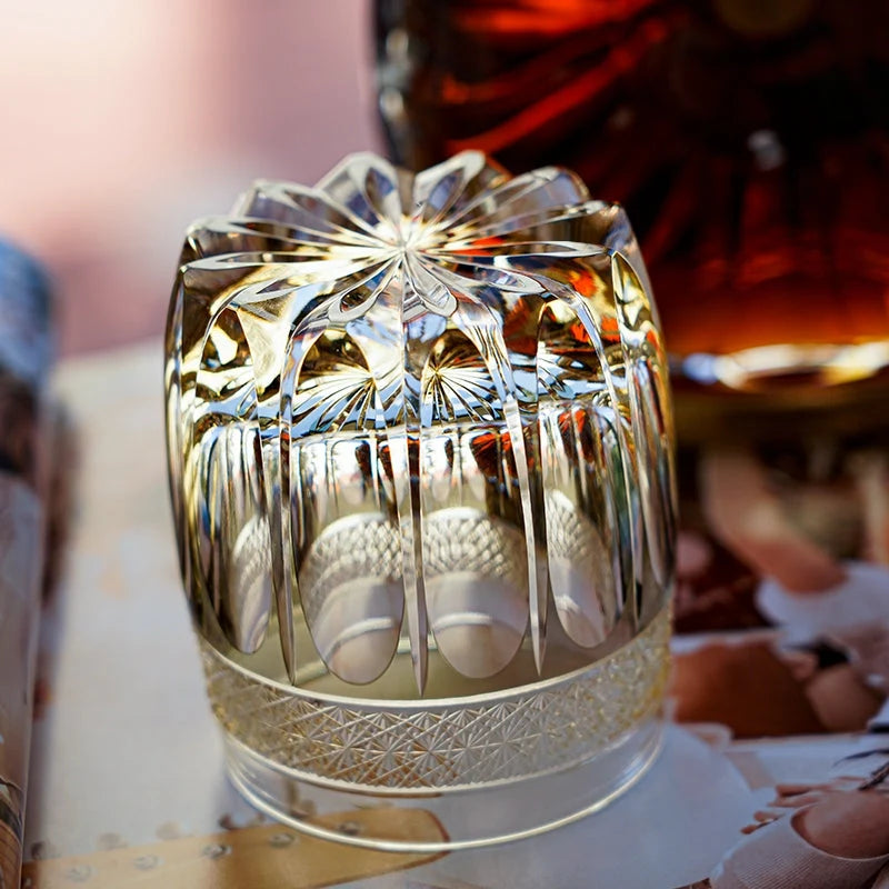 Whiskey Glass Hand-Cut Amber Star Pattern Wooden Box