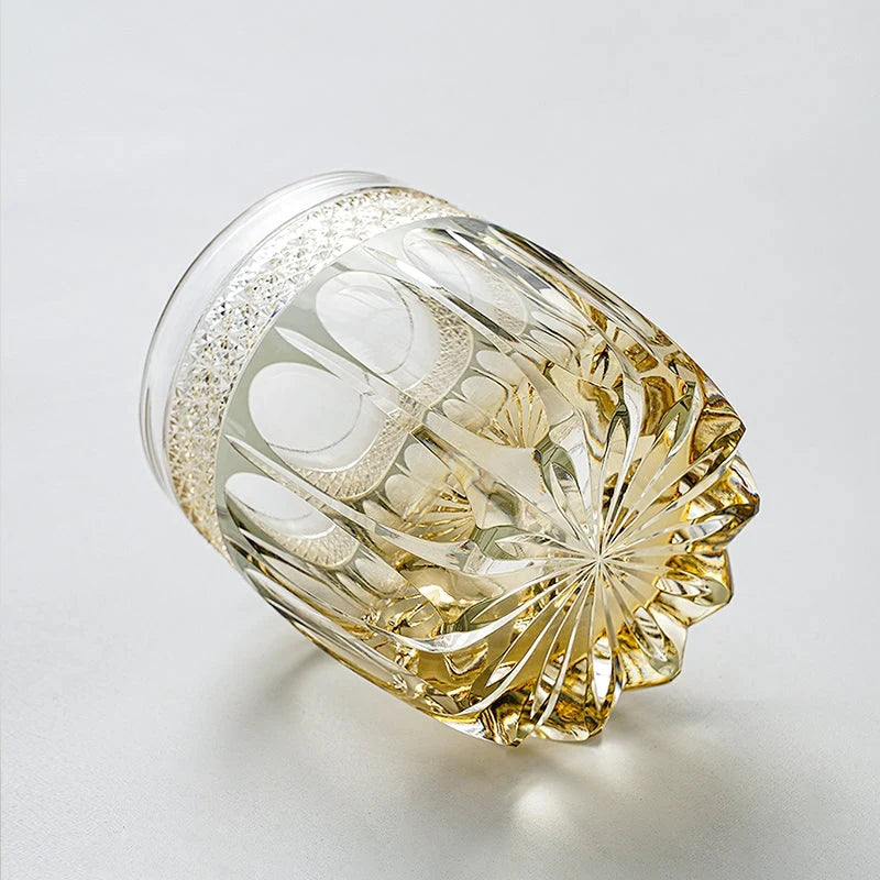 Whiskey Glass Hand-Cut Amber Star Pattern Wooden Box