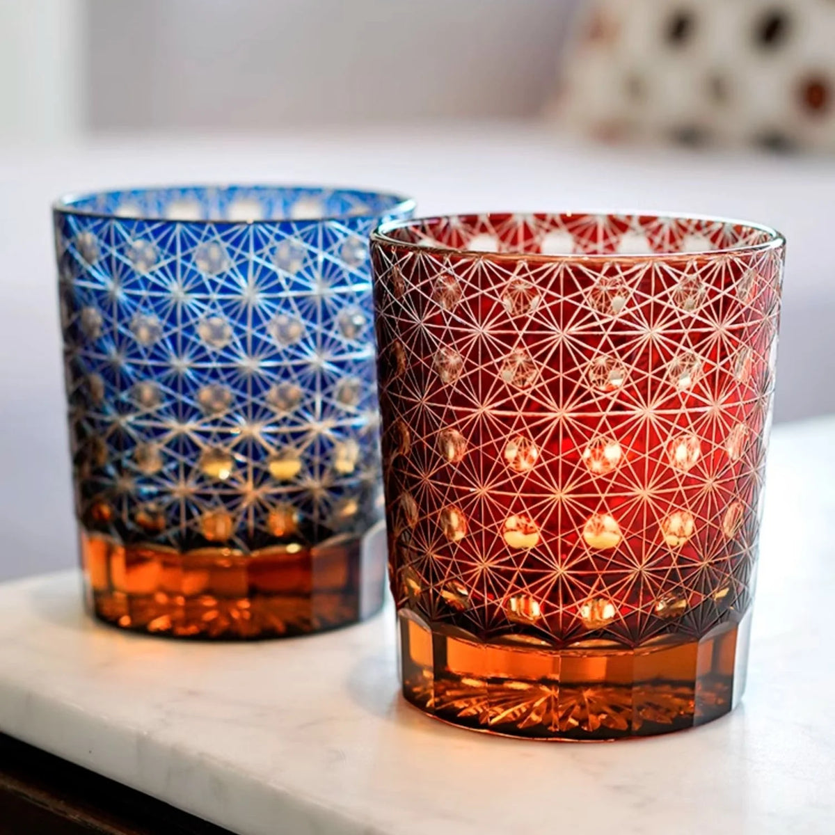 Whiskey Glasses Hand-Cut Star & Chrysanthemum Wooden Gift Box