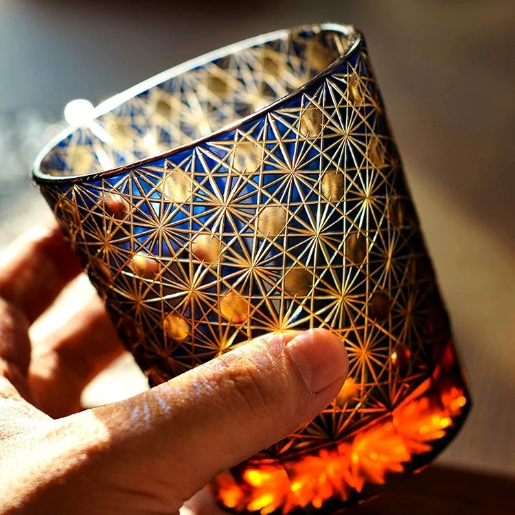 Whiskey Glasses Hand-Cut Star & Chrysanthemum Wooden Gift Box