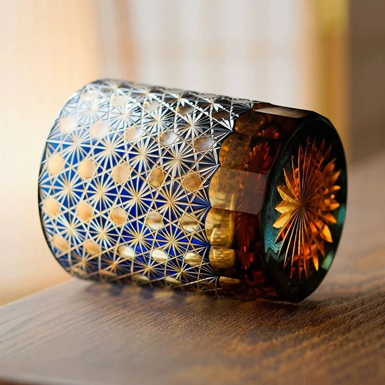 Whiskey Glasses Hand-Cut Star & Chrysanthemum Wooden Gift Box
