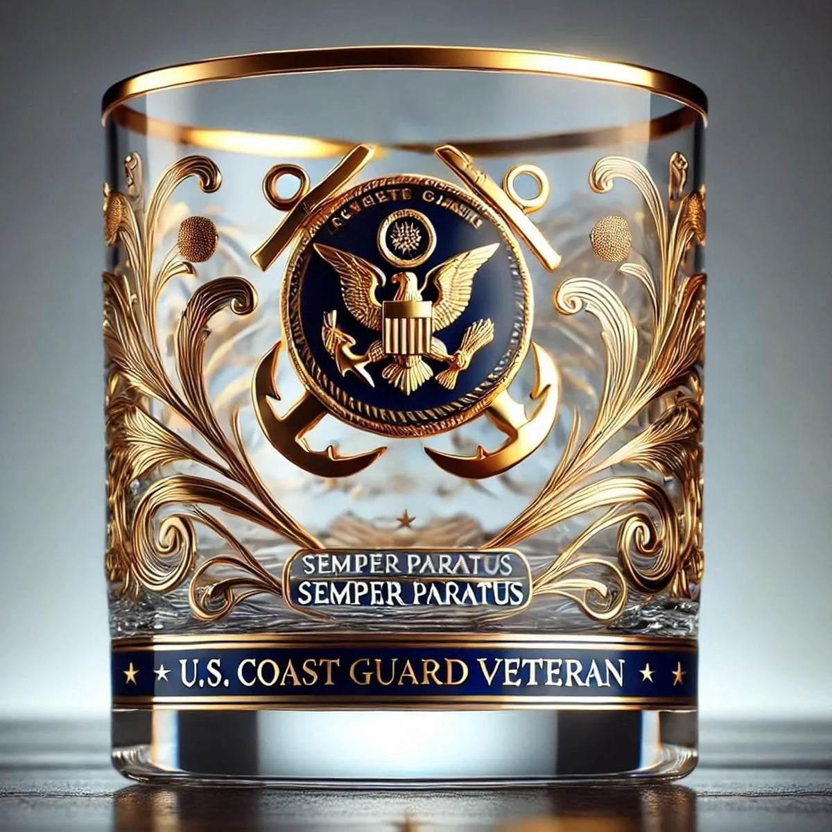 Whiskey Tumbler Crystal Gold Filigree & Embossed Military Emblem