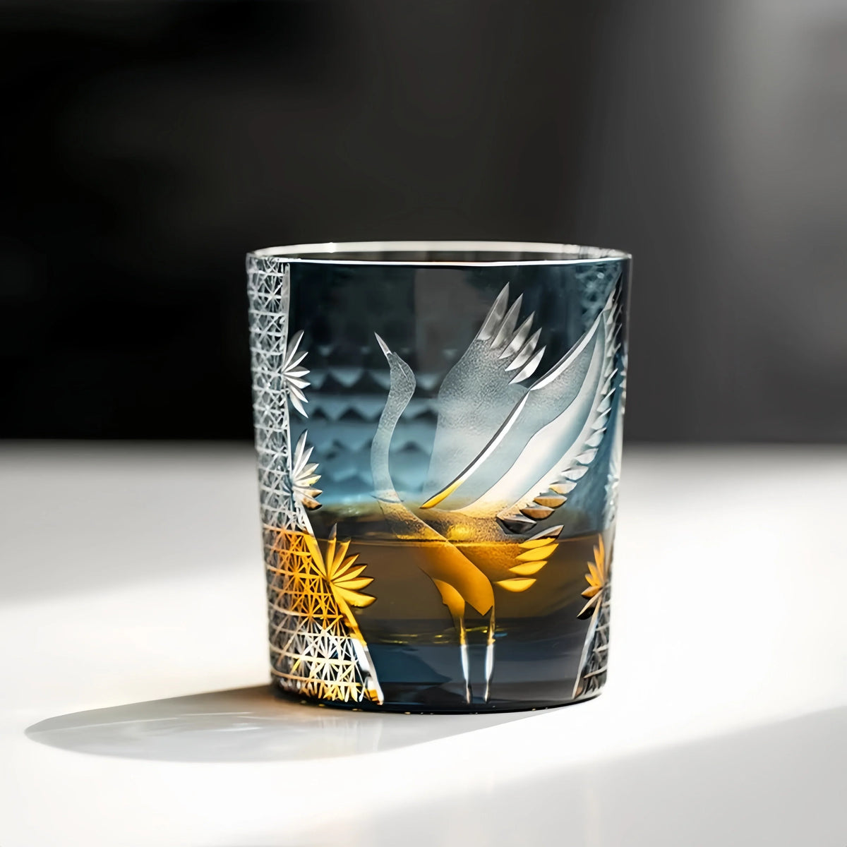 Whisky Glass Hand-Cut Crystal Deep Blue Wooden Box
