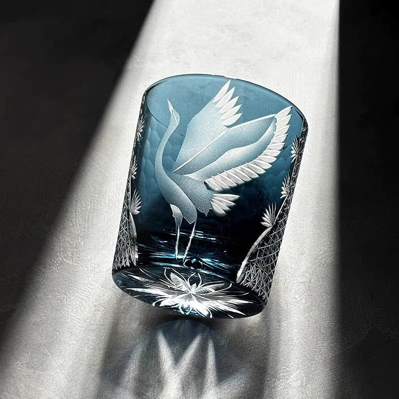 Whisky Glass Hand-Cut Crystal Deep Blue Wooden Box