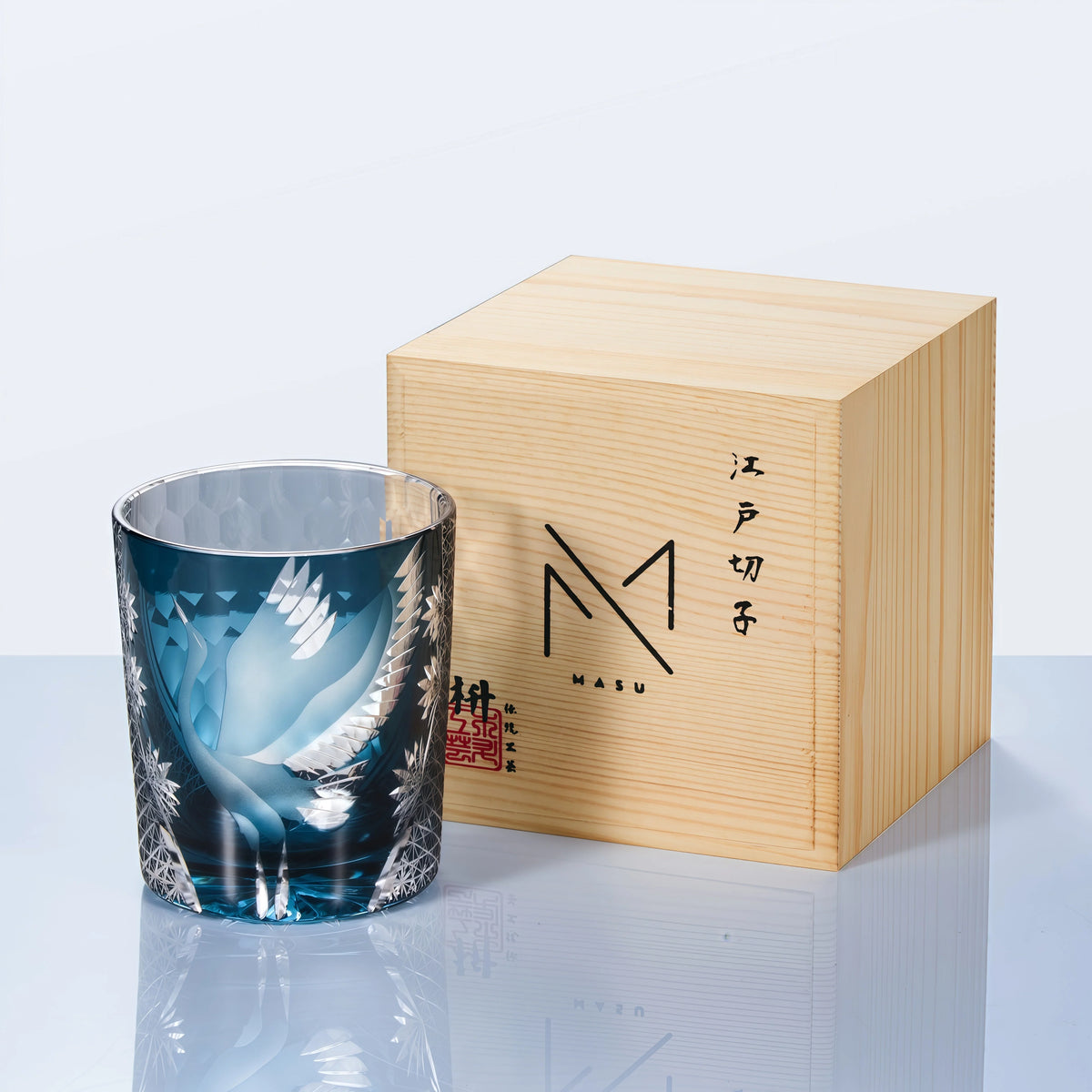 Whisky Glass Hand-Cut Crystal Deep Blue Wooden Box