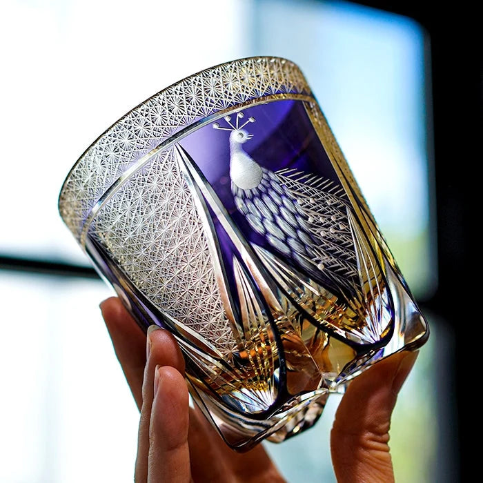 Whisky Glass Hand-Cut Crystal Peacock Pattern