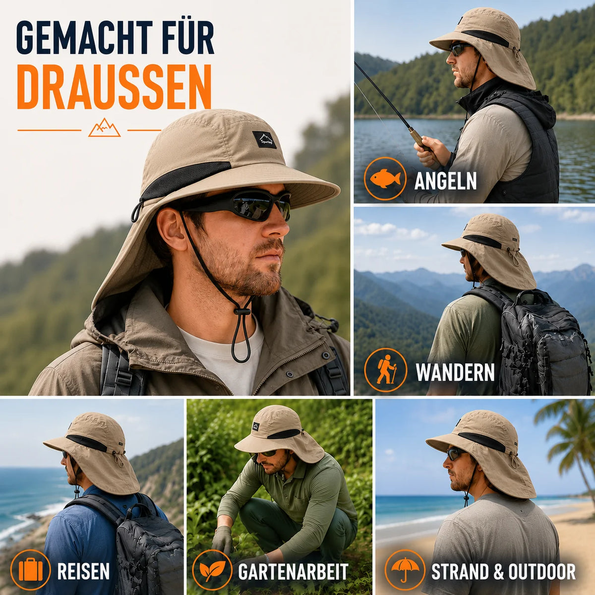 Wide-Brim Hat Detachable Neck Flap Quick-Dry Water-Repellent