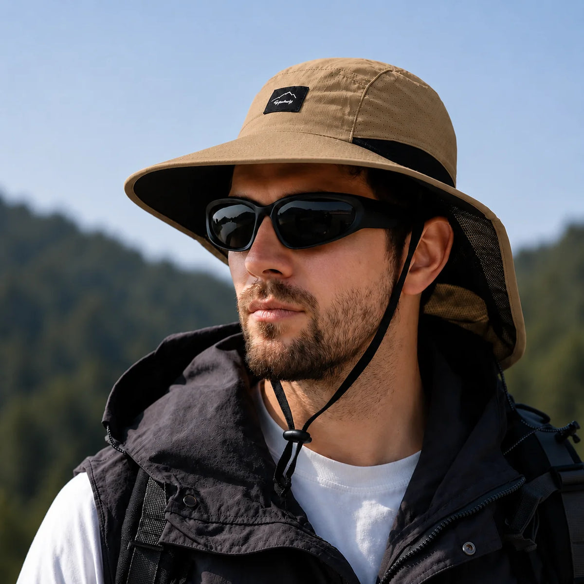 Wide-Brim Hat Detachable Neck Flap Quick-Dry Water-Repellent