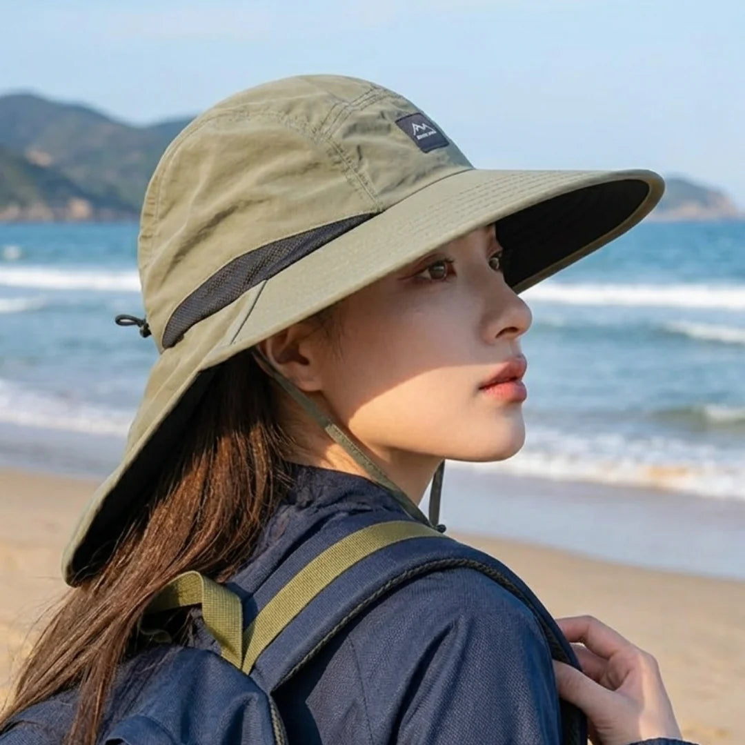 Wide-Brim Hat Detachable Neck Flap Quick-Dry Water-Repellent