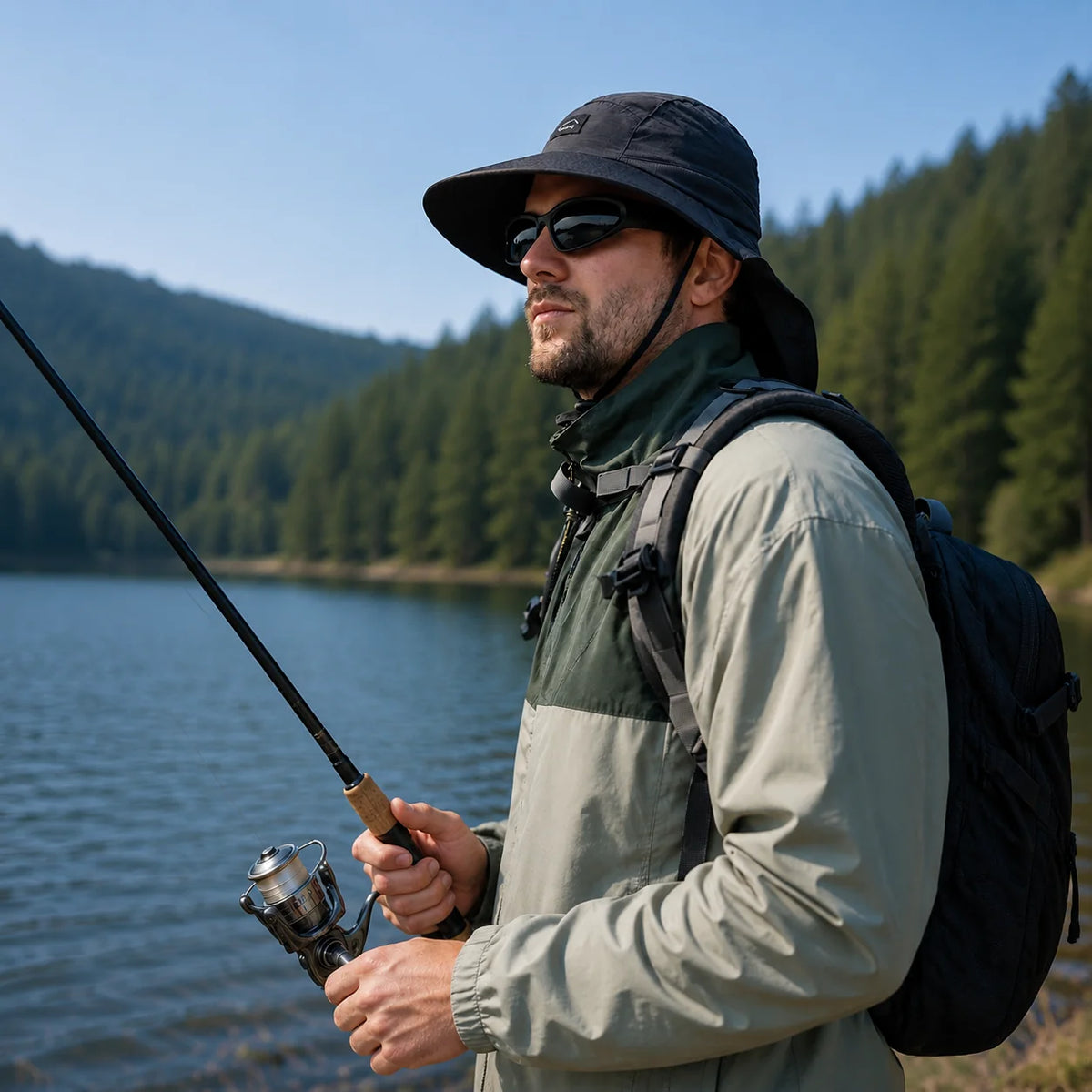 Wide-Brim Hat Detachable Neck Flap Quick-Dry Water-Repellent