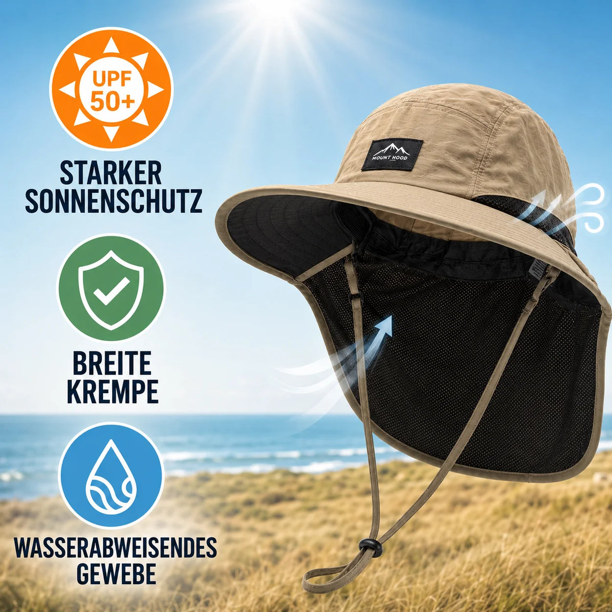 Wide-Brim Hat Detachable Neck Flap Quick-Dry Water-Repellent