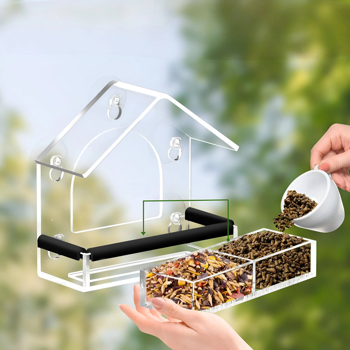 Window Bird Feeder Acrylic Suction Cups & Removable Tray