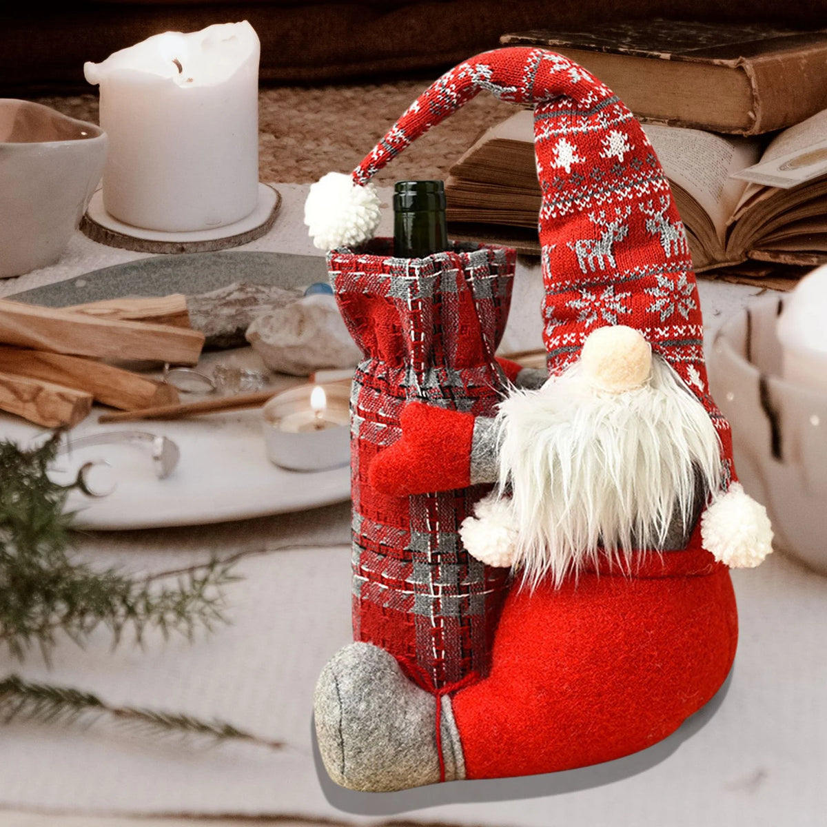 Wine Bottle Holder Plush Santa Design Holiday Decor