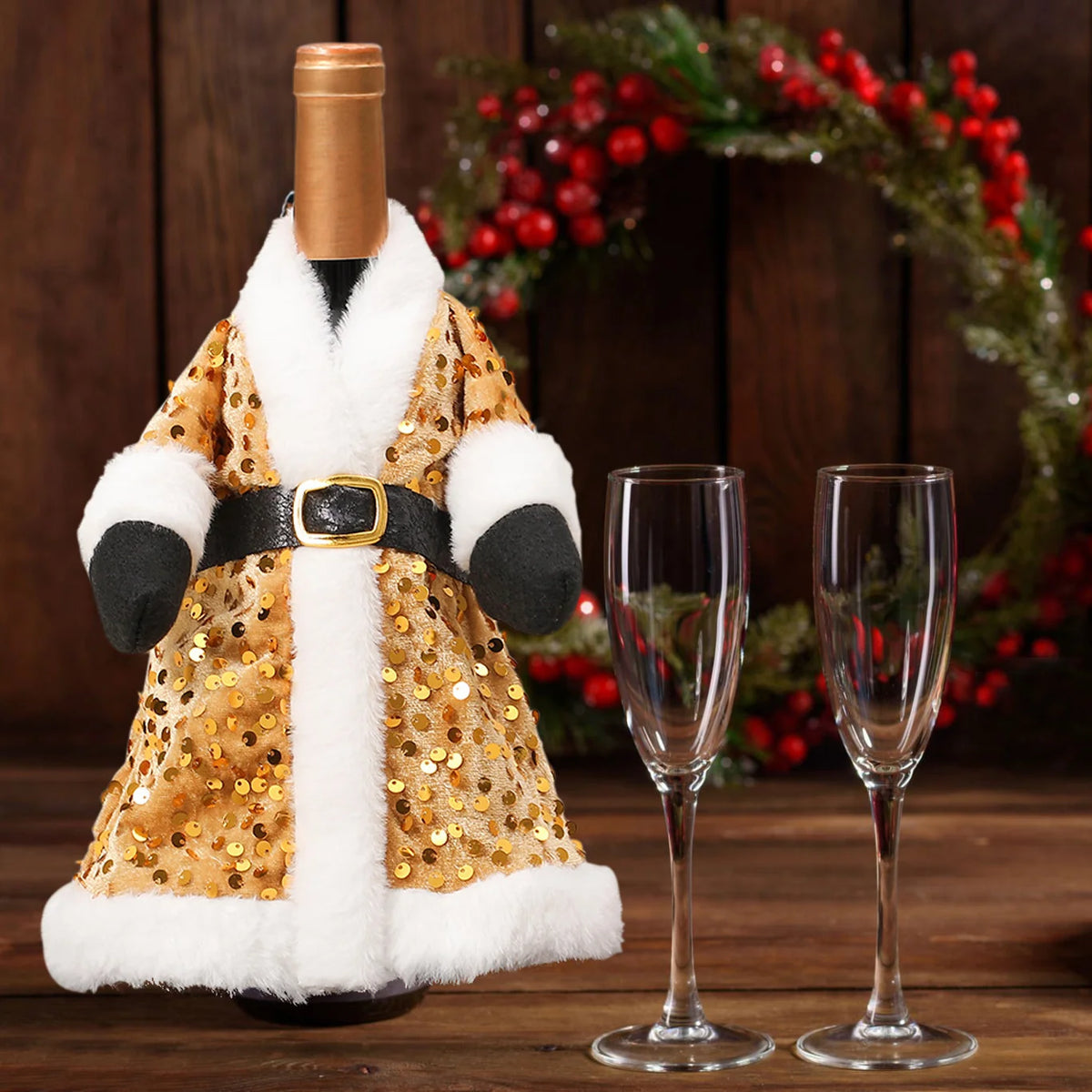 Wine Bottle Wrap Sequin & Faux Fur Belt Closure