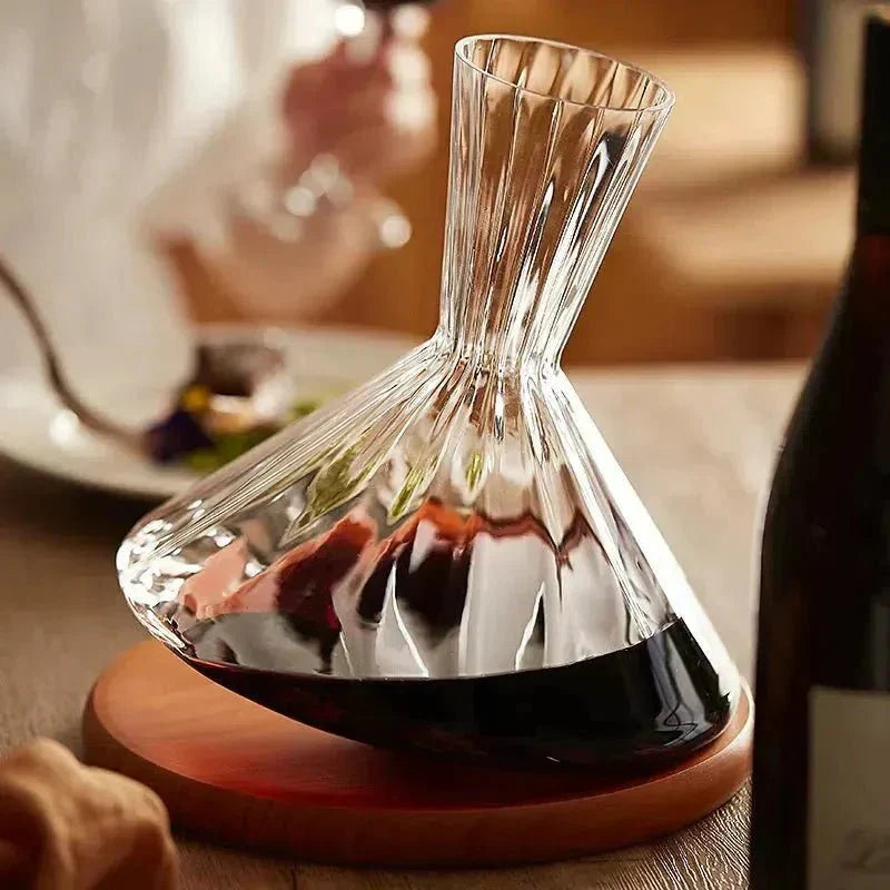 Wine Decanter 360 Degree Rotating Glass Wooden Base