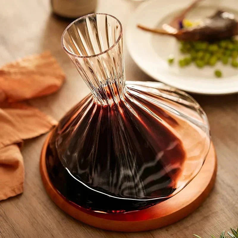 Wine Decanter 360 Degree Rotating Glass Wooden Base