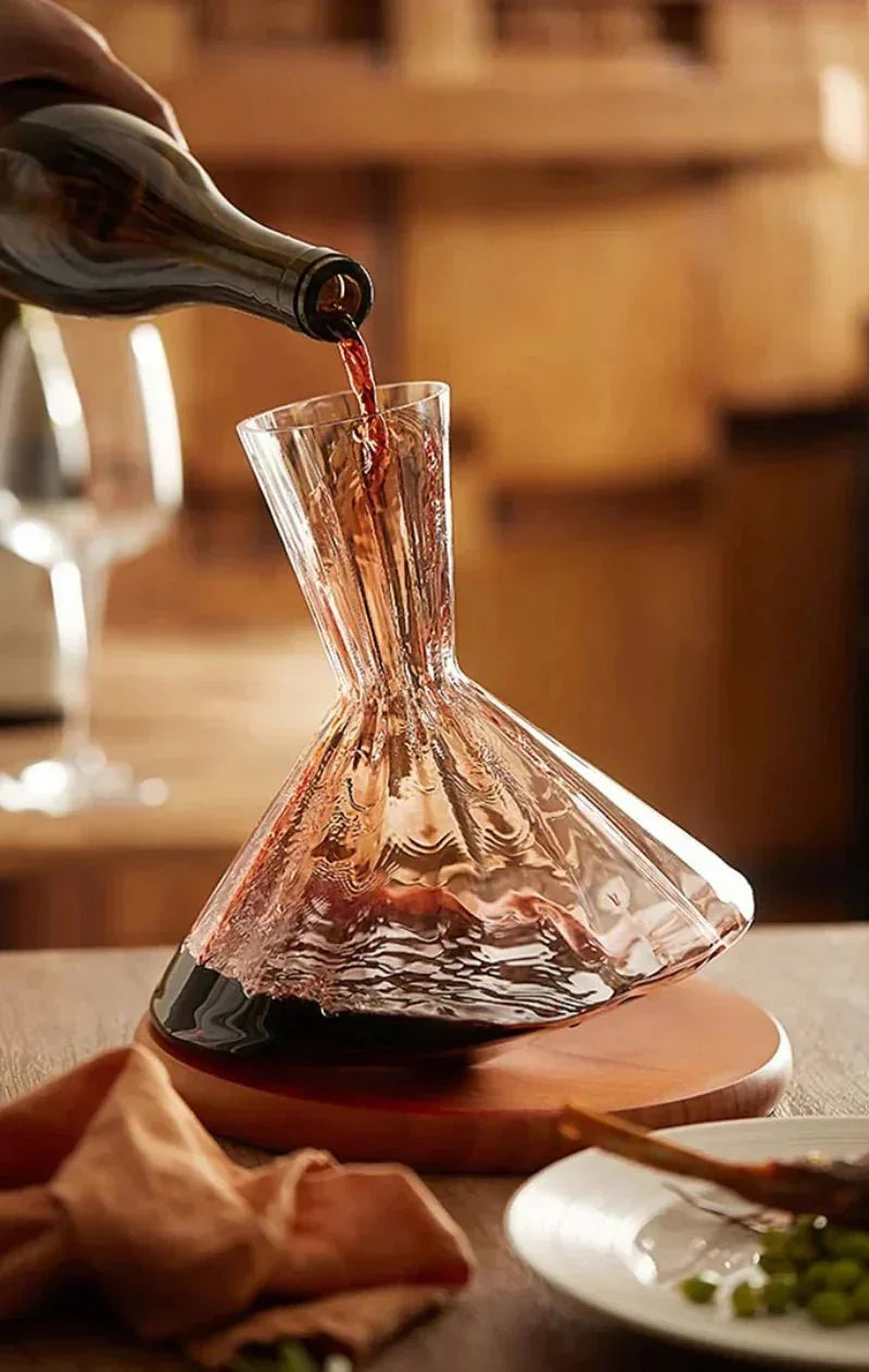 Wine Decanter 360 Degree Rotating Glass Wooden Base