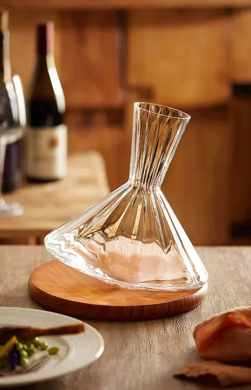 Wine Decanter 360 Degree Rotating Glass Wooden Base