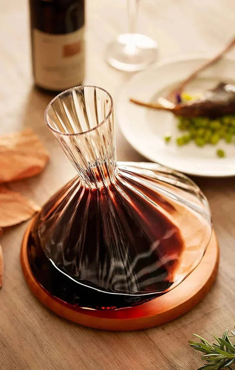 Wine Decanter 360 Degree Rotating Glass Wooden Base