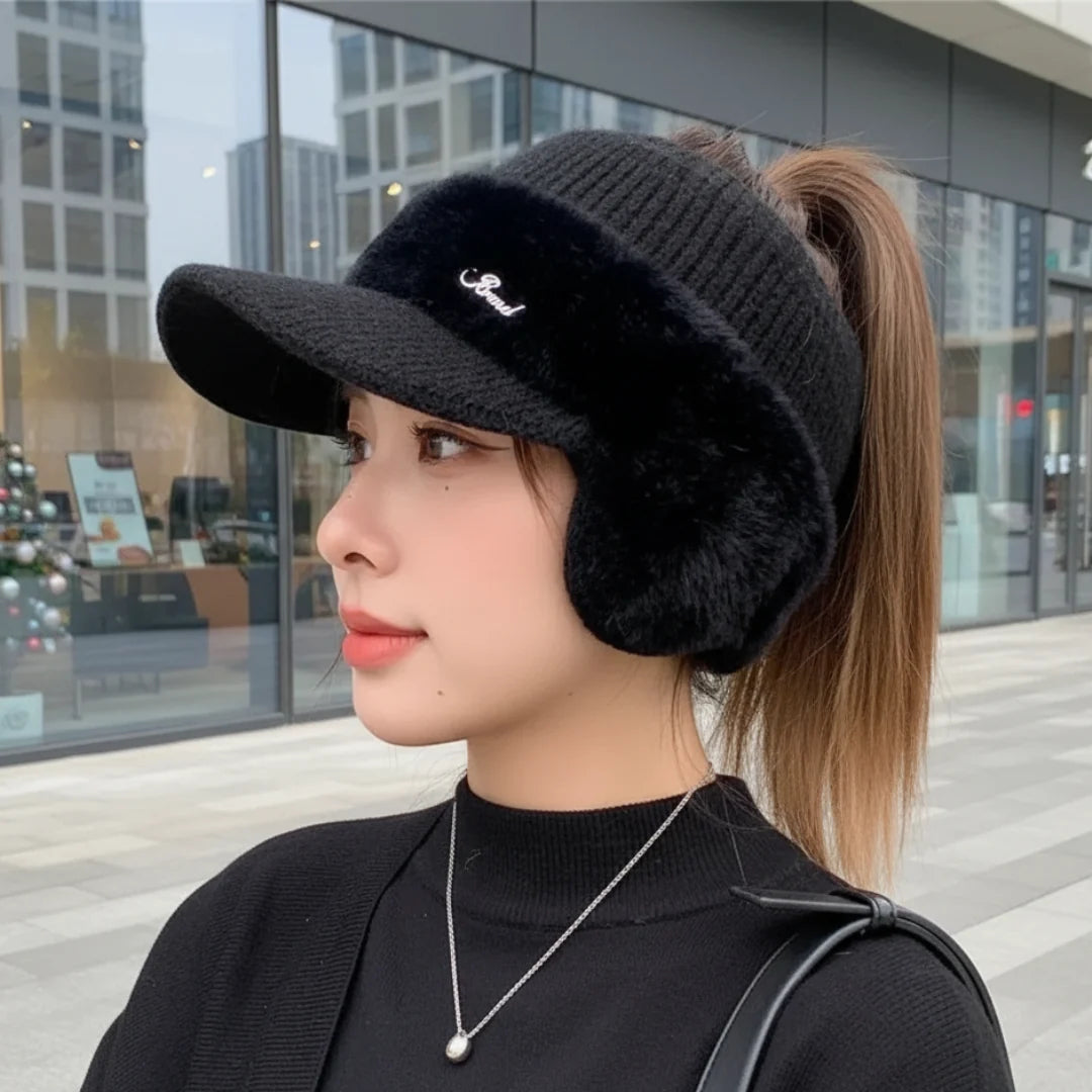 Winter Beanie Fleece Lined Ponytail Opening Ear Flaps