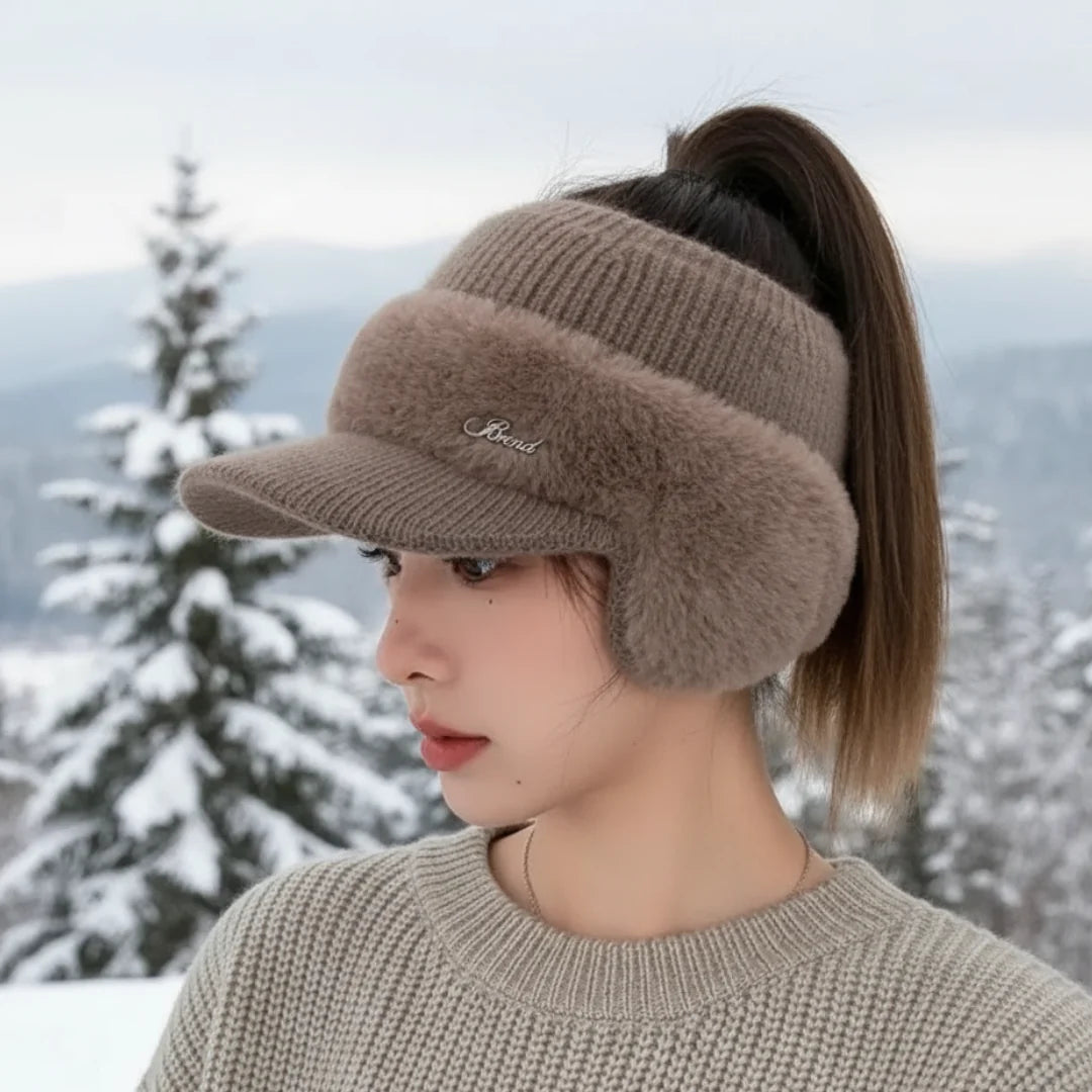 Winter Beanie Fleece Lined Ponytail Opening Ear Flaps