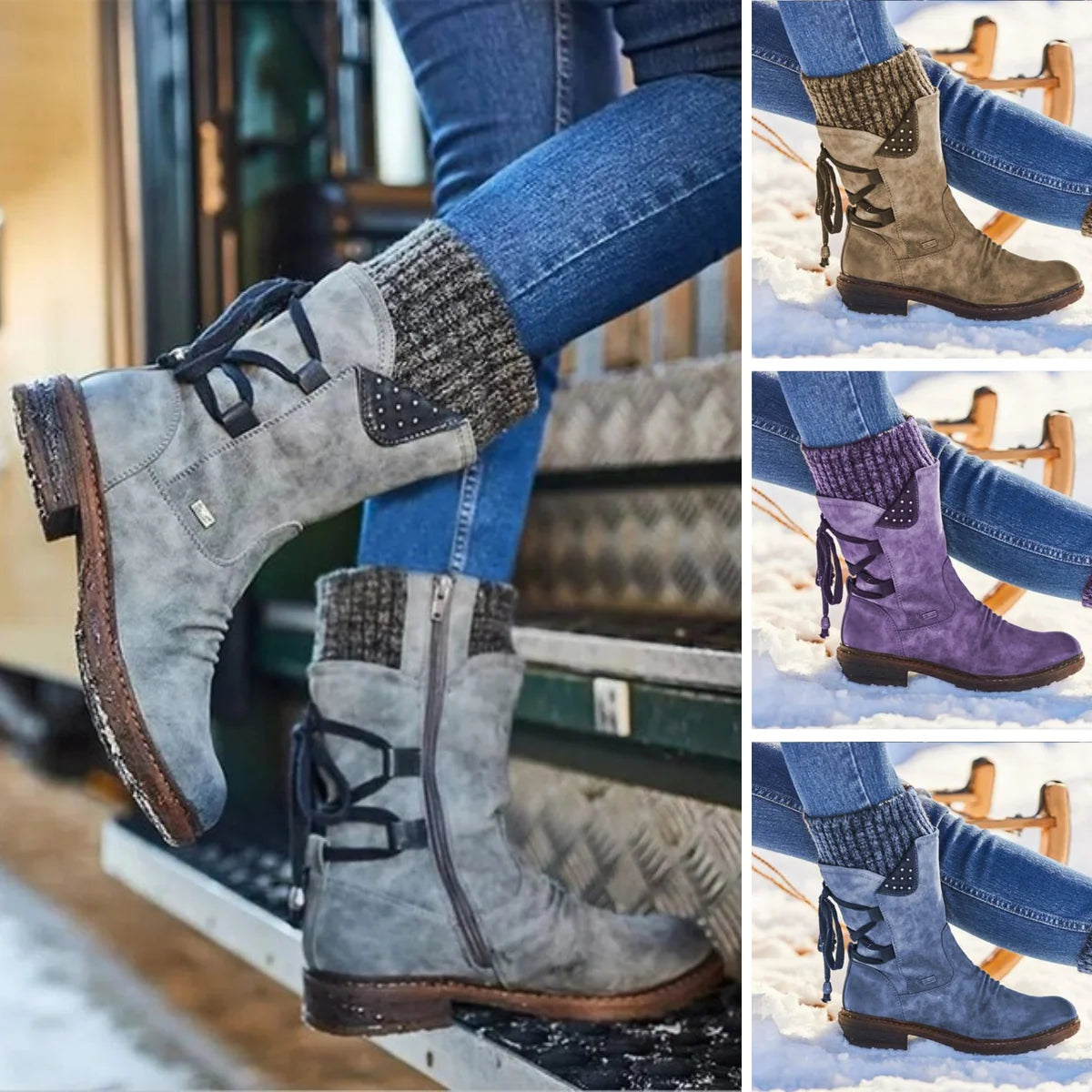 Winter Boots Mid-Calf PU Leather Rubber Sole