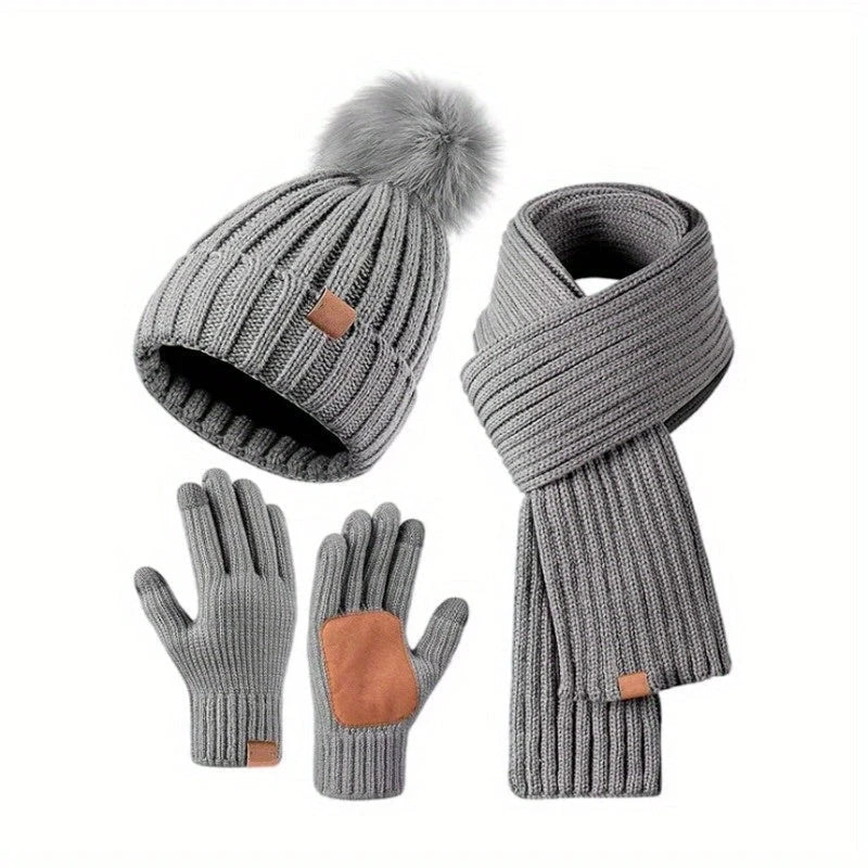 Winter Set Plush Knit Hat Scarf & Touchscreen Gloves