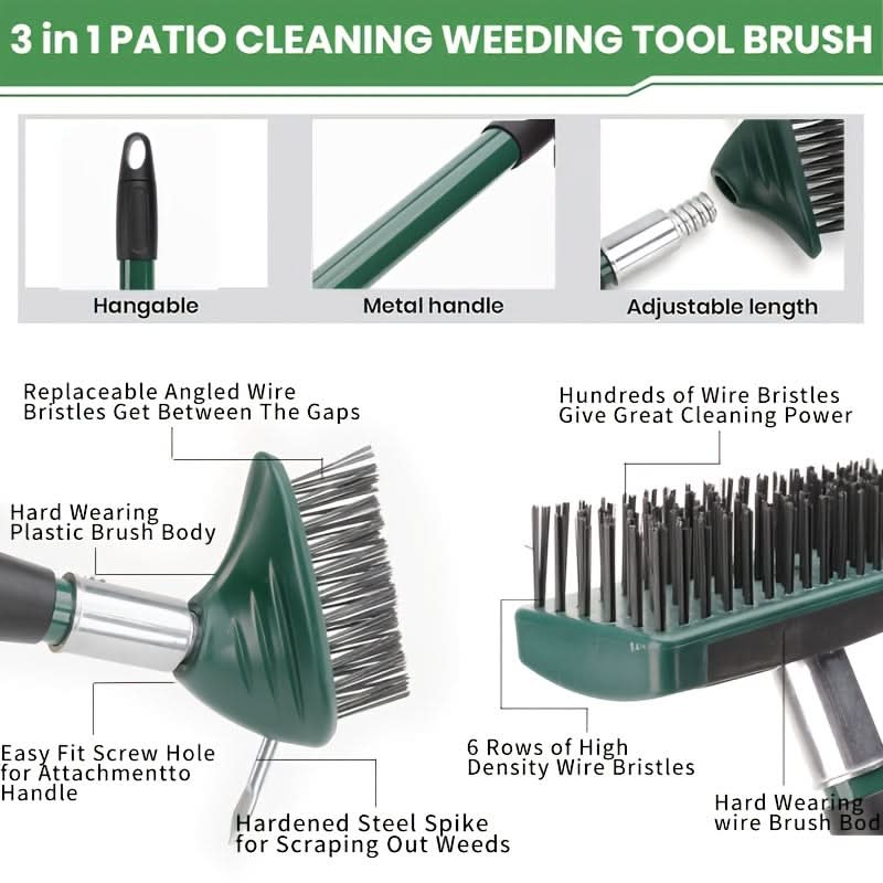 Wire Brush Telescopic Handle 3-in-1 Interchangeable Heads Steel Bristles
