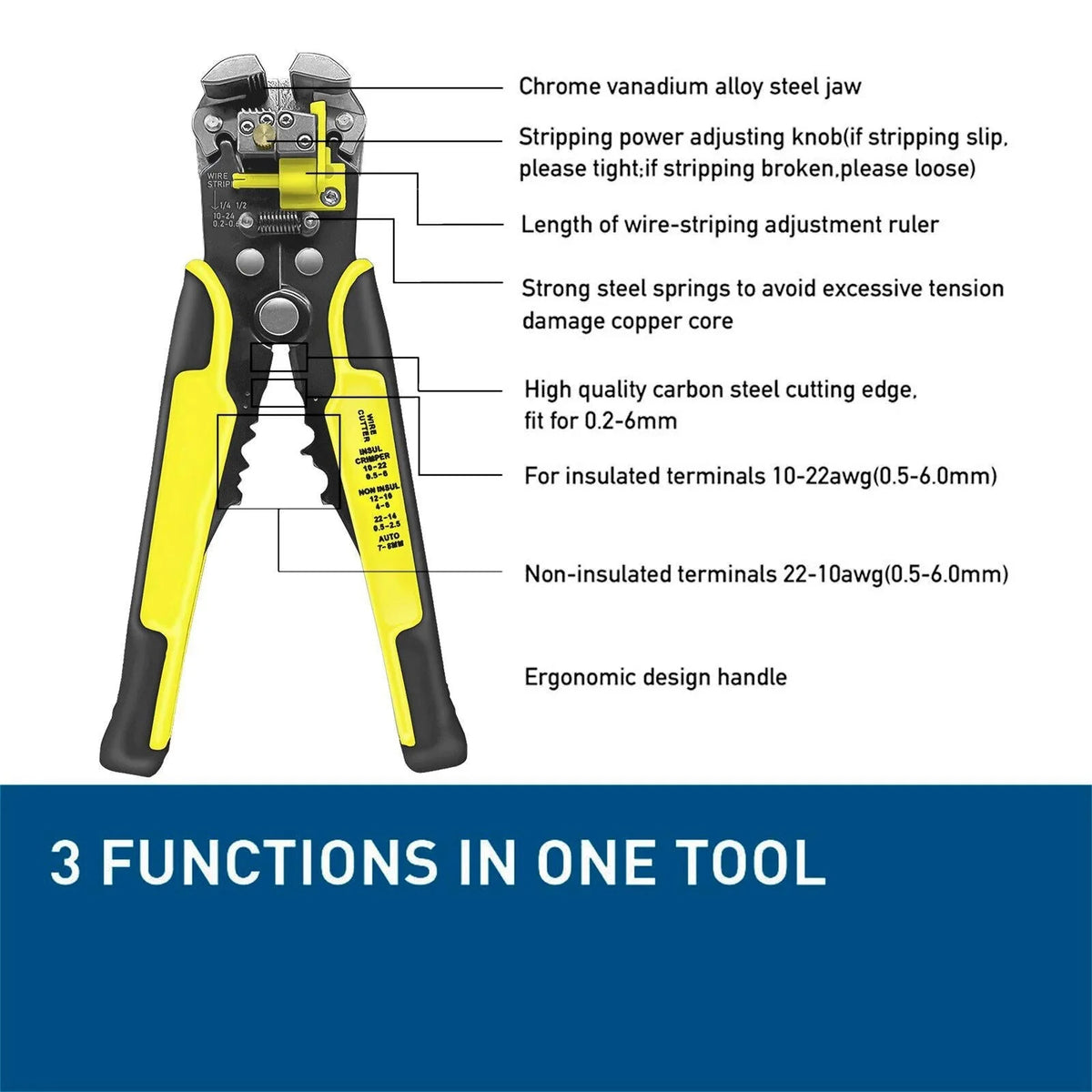 Wire Stripper & Crimper Self-Adjusting Carbon Steel Blades