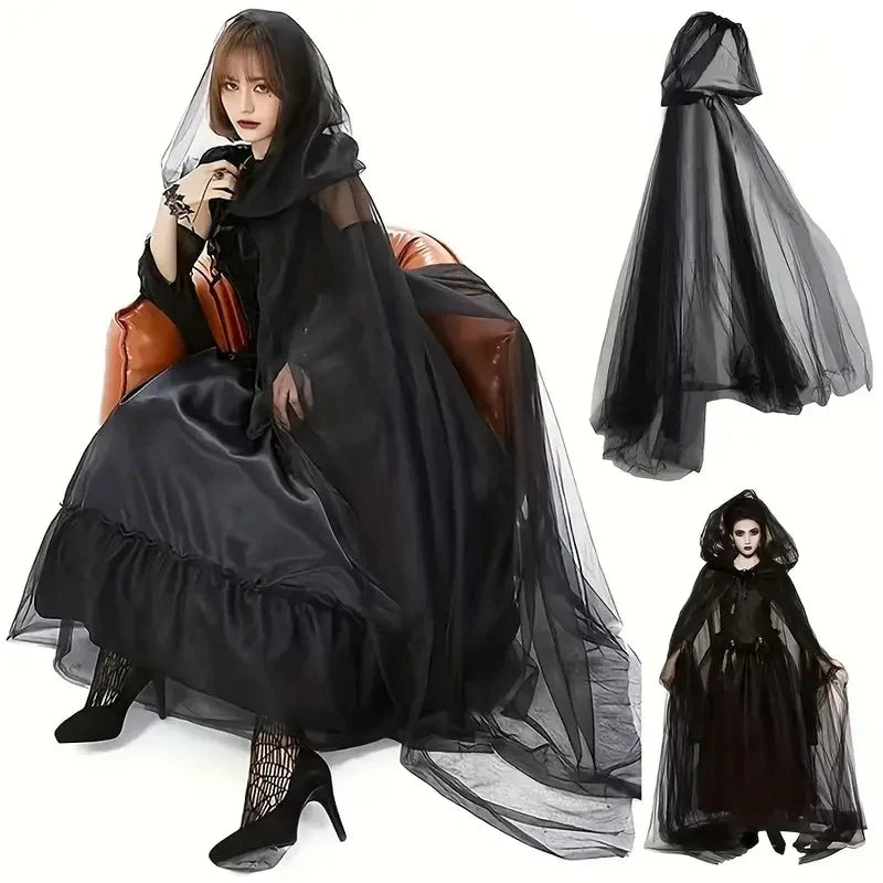 Witch Cloak Layered Tulle Adjustable Hood One Size