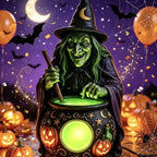 Witch Figurine Glowing Cauldron Weatherproof Polyresin